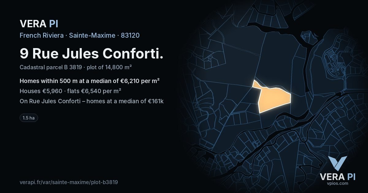9 Rue Jules Conforti, Sainte-Maxime at night – the plot lit, the parcels around coloured by the prices near them