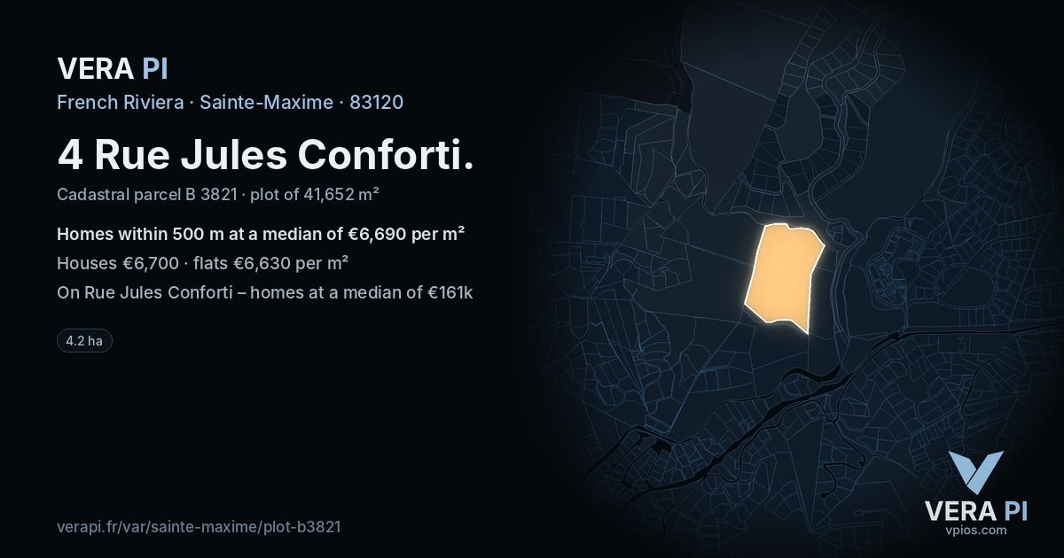 4 Rue Jules Conforti, Sainte-Maxime at night – the plot lit, the parcels around coloured by the prices near them