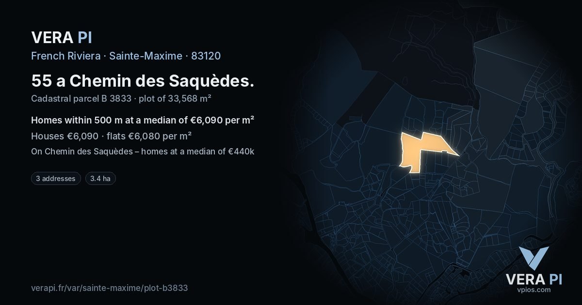 55 a Chemin des Saquèdes, Sainte-Maxime at night – the plot lit, the parcels around coloured by the prices near them