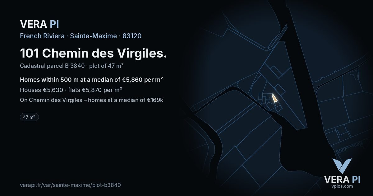 101 Chemin des Virgiles, Sainte-Maxime at night – the plot lit, the parcels around coloured by the prices near them