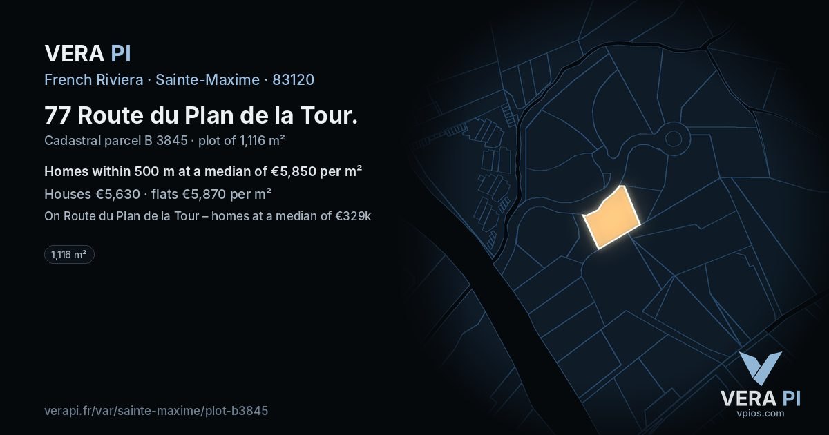 77 Route du Plan de la Tour, Sainte-Maxime at night – the plot lit, the parcels around coloured by the prices near them