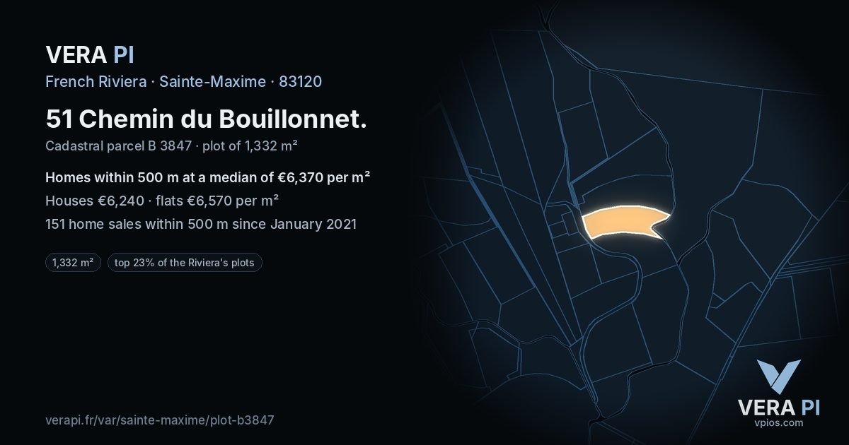51 Chemin du Bouillonnet, Sainte-Maxime at night – the plot lit, the parcels around coloured by the prices near them