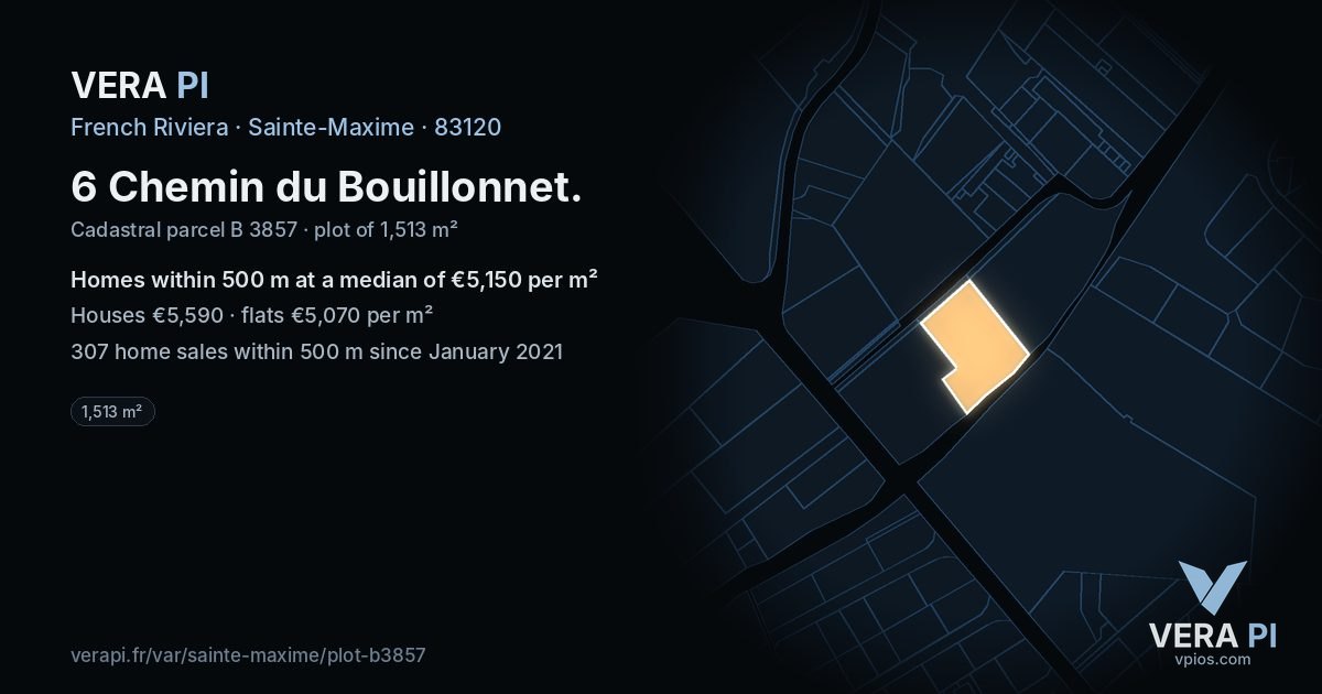 6 Chemin du Bouillonnet, Sainte-Maxime at night – the plot lit, the parcels around coloured by the prices near them