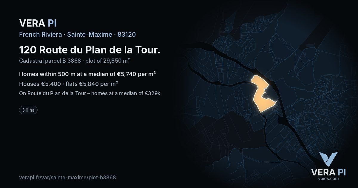 120 Route du Plan de la Tour, Sainte-Maxime at night – the plot lit, the parcels around coloured by the prices near them