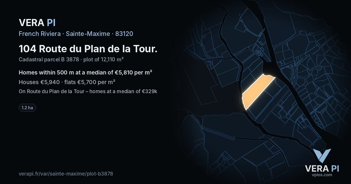 104 Route du Plan de la Tour, Sainte-Maxime at night – the plot lit, the parcels around coloured by the prices near them