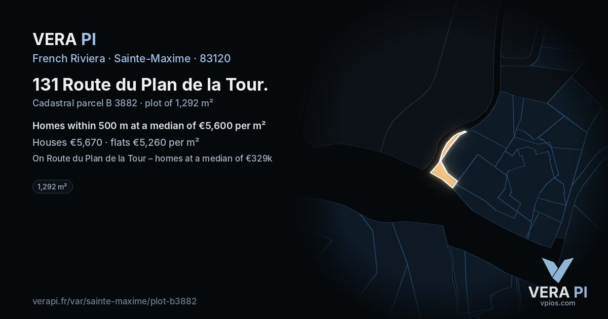 131 Route du Plan de la Tour, Sainte-Maxime at night – the plot lit, the parcels around coloured by the prices near them