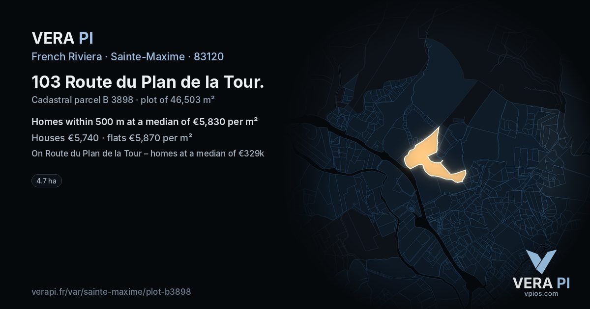 103 Route du Plan de la Tour, Sainte-Maxime at night – the plot lit, the parcels around coloured by the prices near them