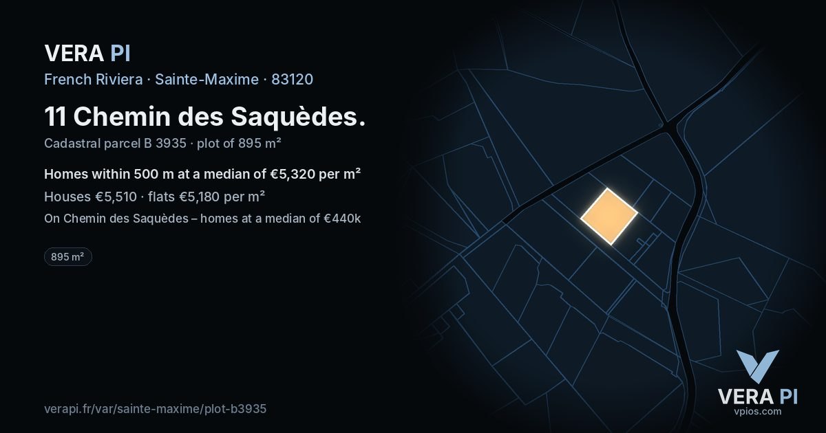 11 Chemin des Saquèdes, Sainte-Maxime at night – the plot lit, the parcels around coloured by the prices near them