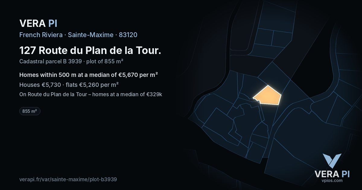 127 Route du Plan de la Tour, Sainte-Maxime at night – the plot lit, the parcels around coloured by the prices near them