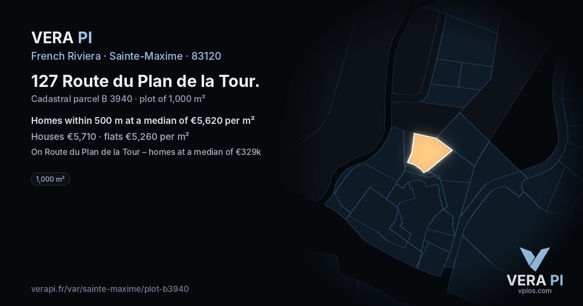 127 Route du Plan de la Tour, Sainte-Maxime at night – the plot lit, the parcels around coloured by the prices near them