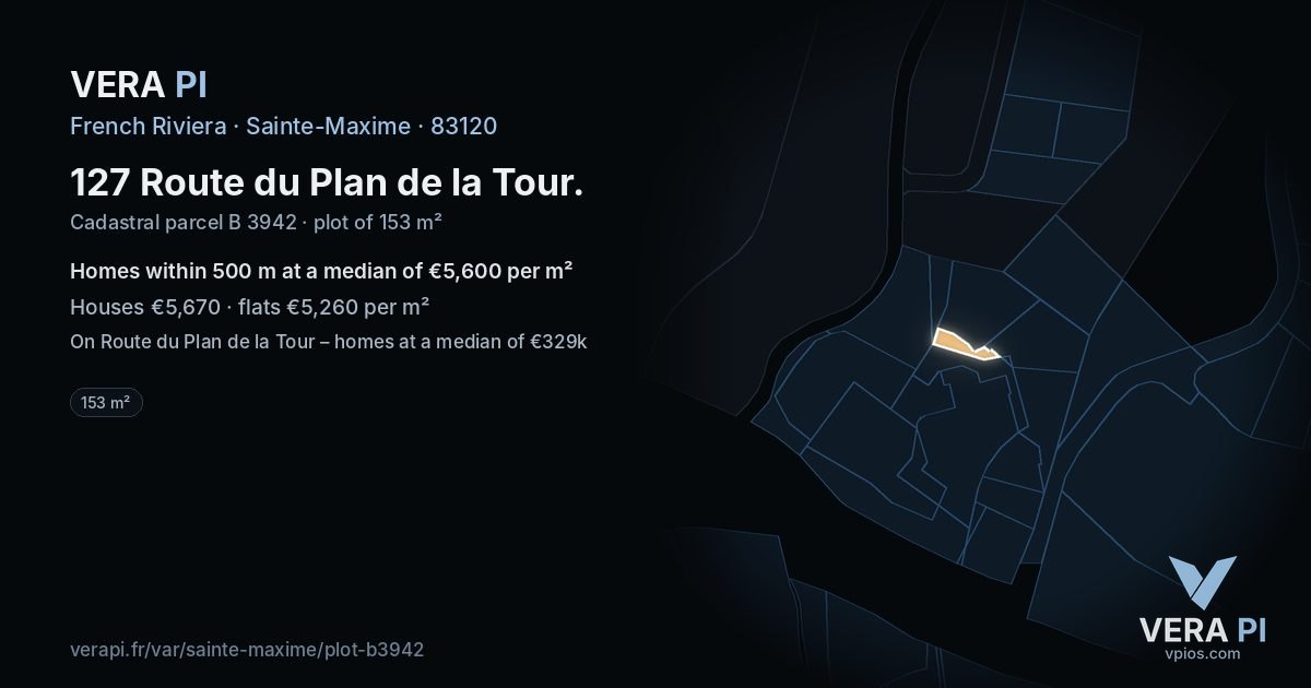 127 Route du Plan de la Tour, Sainte-Maxime at night – the plot lit, the parcels around coloured by the prices near them