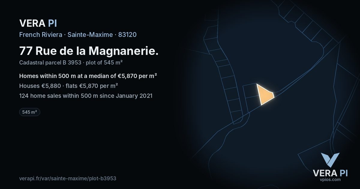 77 Rue de la Magnanerie, Sainte-Maxime at night – the plot lit, the parcels around coloured by the prices near them