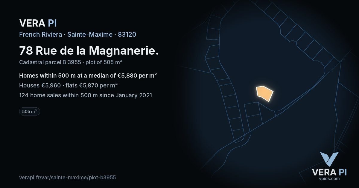 78 Rue de la Magnanerie, Sainte-Maxime at night – the plot lit, the parcels around coloured by the prices near them