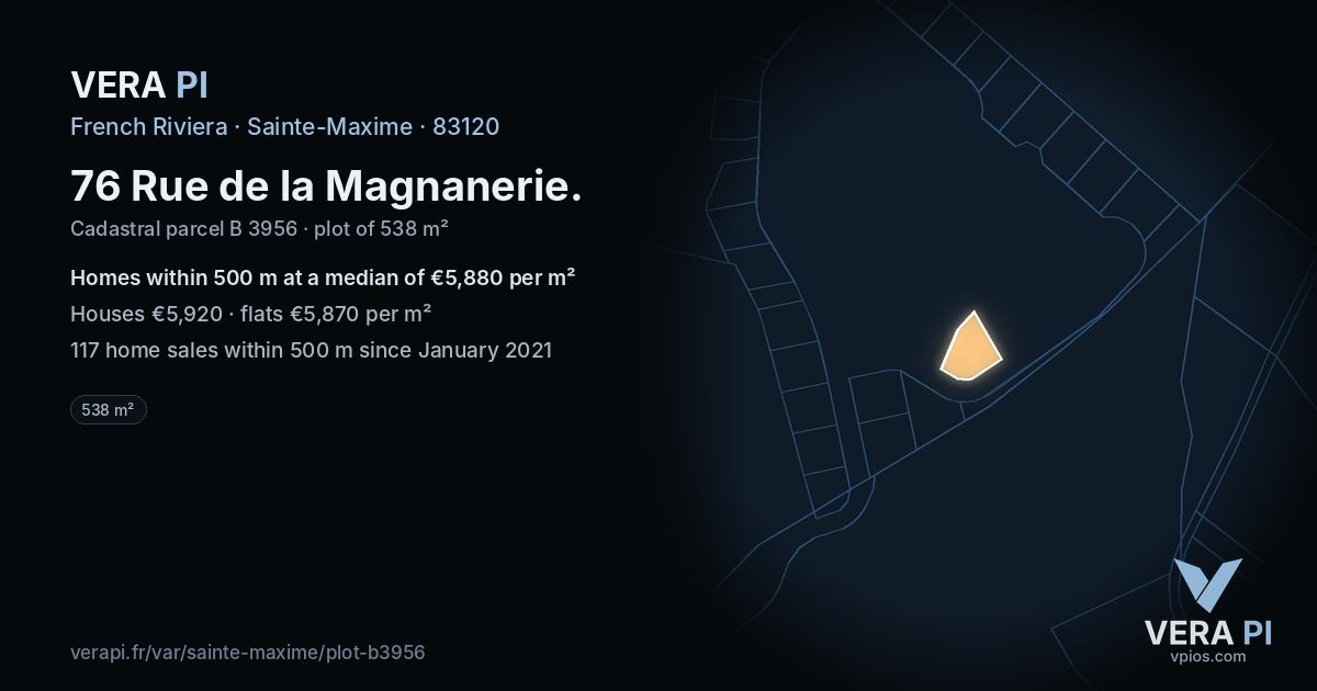 76 Rue de la Magnanerie, Sainte-Maxime at night – the plot lit, the parcels around coloured by the prices near them