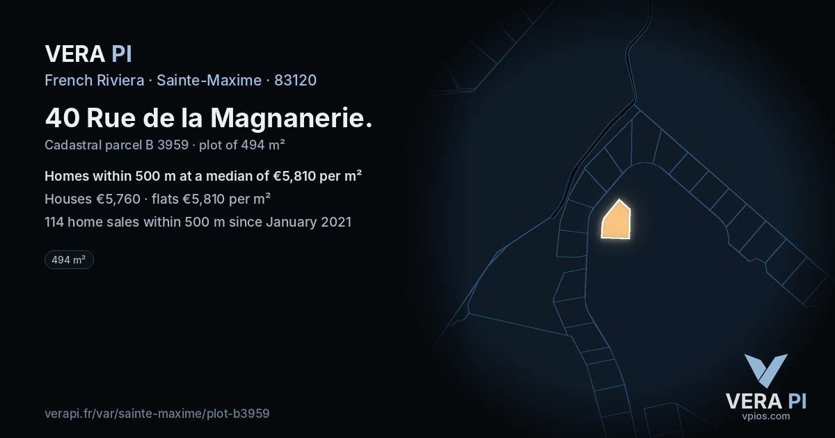 40 Rue de la Magnanerie, Sainte-Maxime at night – the plot lit, the parcels around coloured by the prices near them