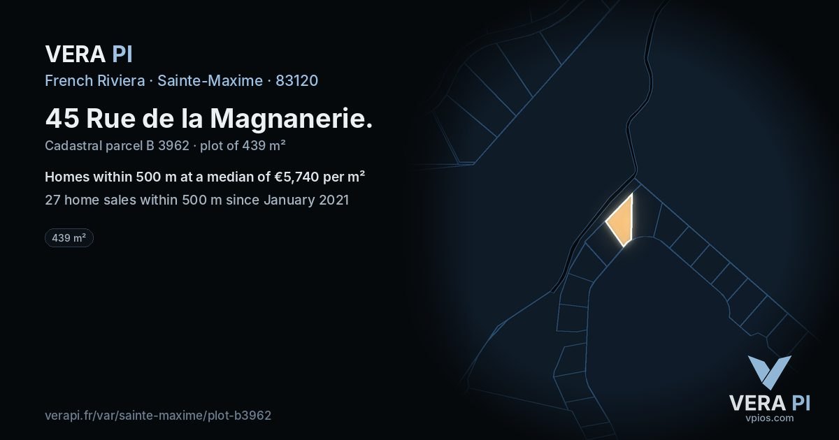 45 Rue de la Magnanerie, Sainte-Maxime at night – the plot lit, the parcels around coloured by the prices near them
