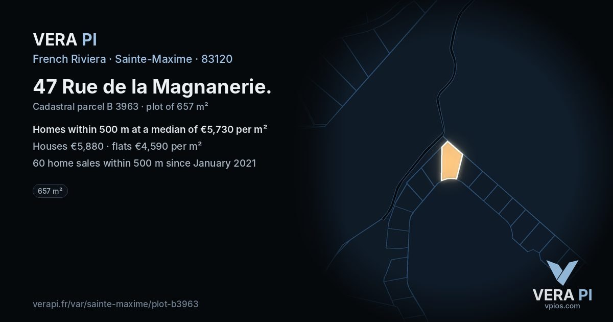 47 Rue de la Magnanerie, Sainte-Maxime at night – the plot lit, the parcels around coloured by the prices near them