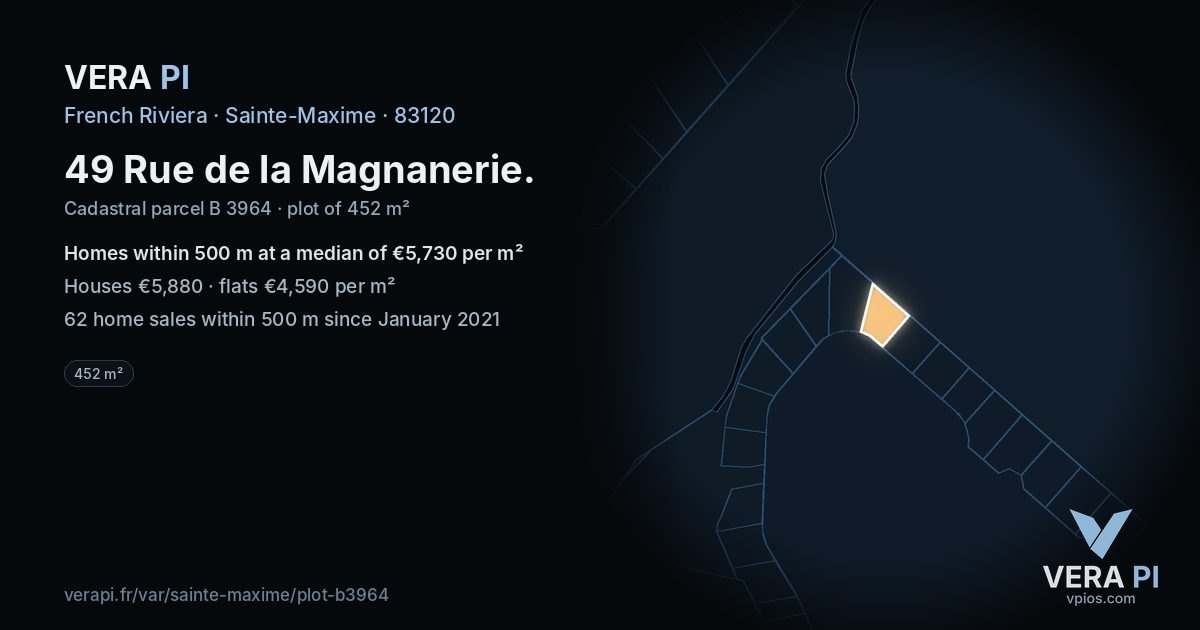 49 Rue de la Magnanerie, Sainte-Maxime at night – the plot lit, the parcels around coloured by the prices near them