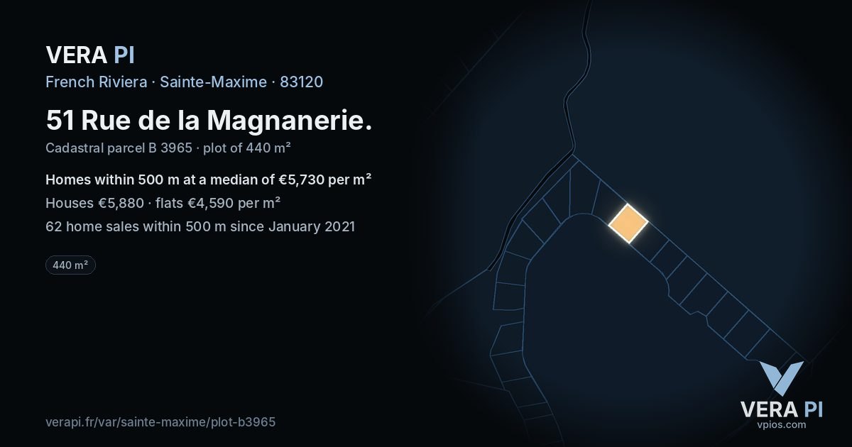 51 Rue de la Magnanerie, Sainte-Maxime at night – the plot lit, the parcels around coloured by the prices near them