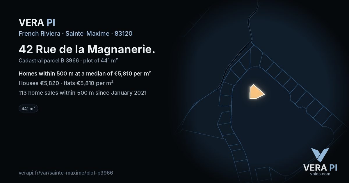 42 Rue de la Magnanerie, Sainte-Maxime at night – the plot lit, the parcels around coloured by the prices near them