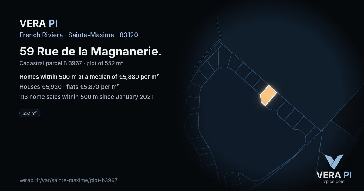 59 Rue de la Magnanerie, Sainte-Maxime at night – the plot lit, the parcels around coloured by the prices near them