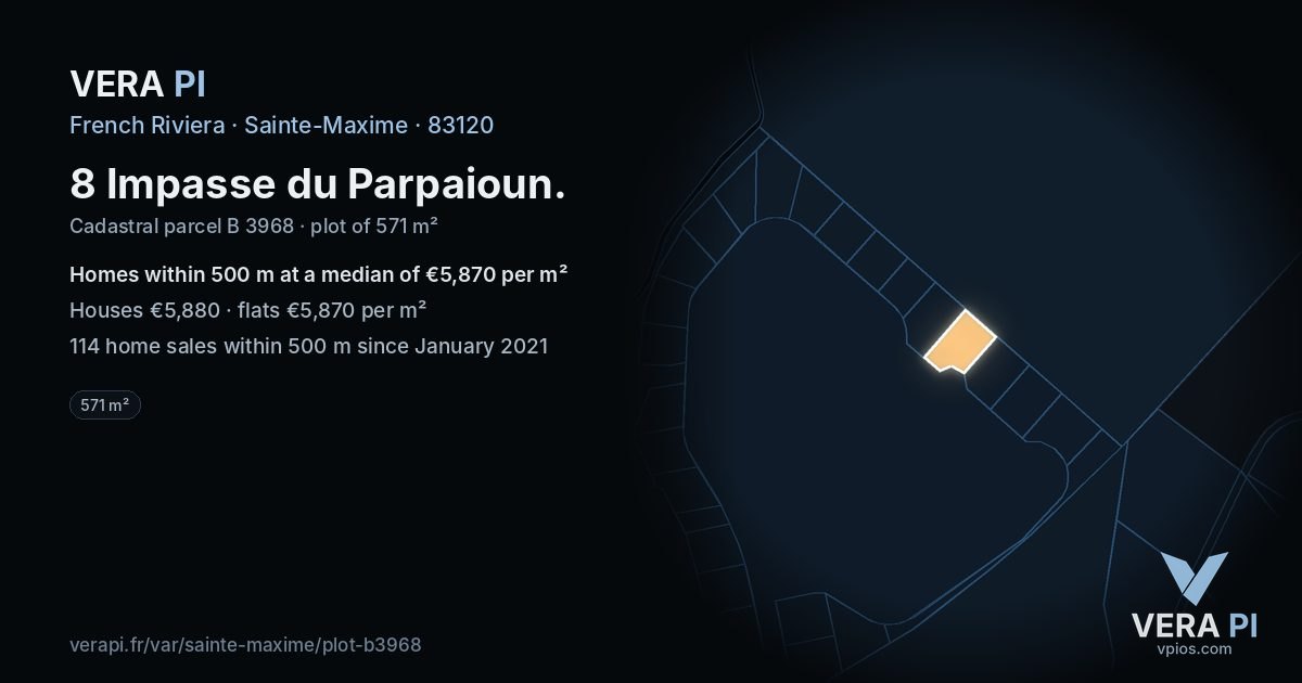 8 Impasse du Parpaioun, Sainte-Maxime at night – the plot lit, the parcels around coloured by the prices near them