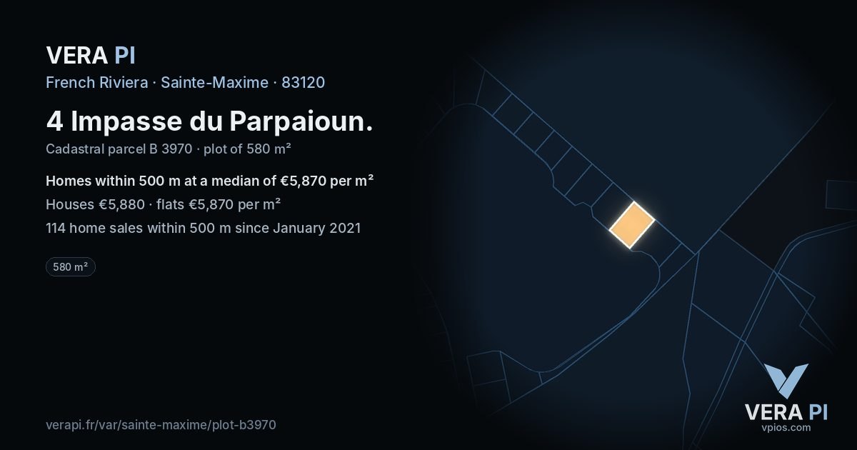 4 Impasse du Parpaioun, Sainte-Maxime at night – the plot lit, the parcels around coloured by the prices near them