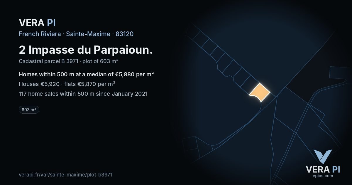2 Impasse du Parpaioun, Sainte-Maxime at night – the plot lit, the parcels around coloured by the prices near them