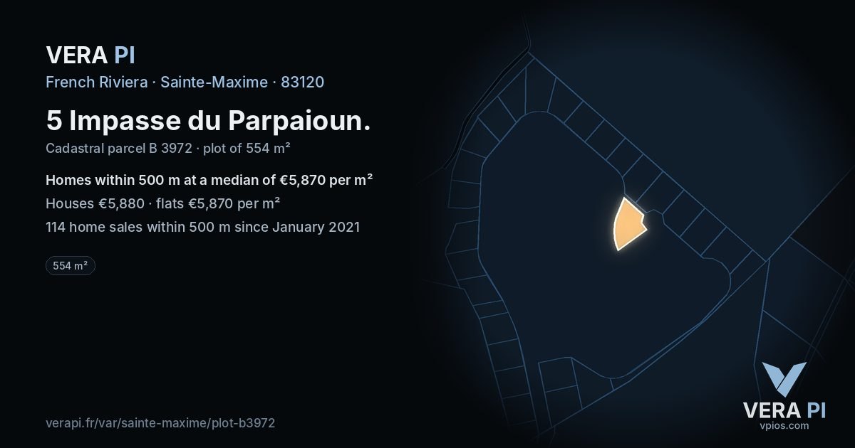 5 Impasse du Parpaioun, Sainte-Maxime at night – the plot lit, the parcels around coloured by the prices near them