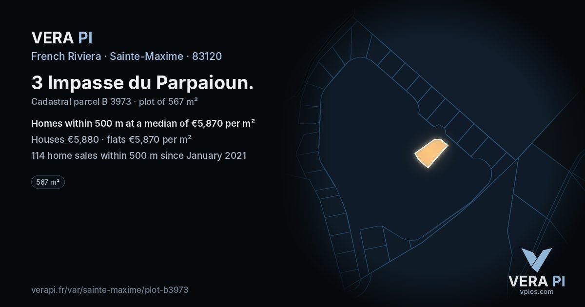 3 Impasse du Parpaioun, Sainte-Maxime at night – the plot lit, the parcels around coloured by the prices near them