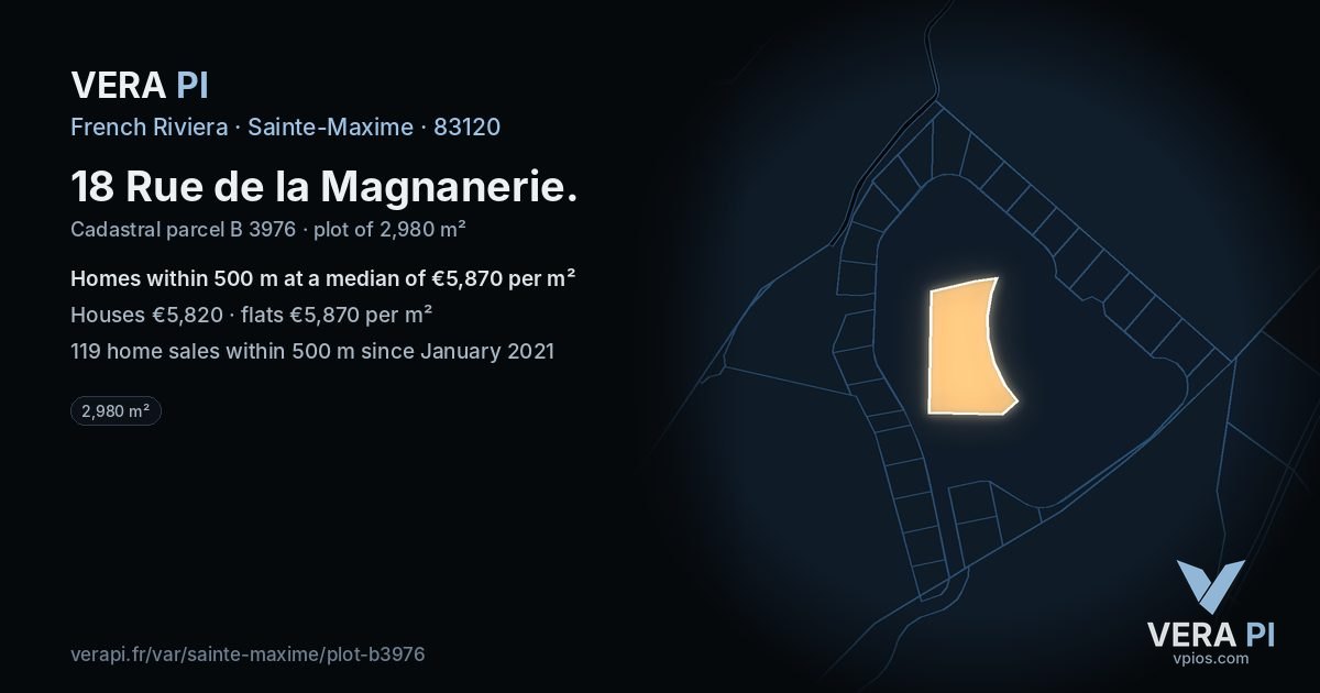 18 Rue de la Magnanerie, Sainte-Maxime at night – the plot lit, the parcels around coloured by the prices near them