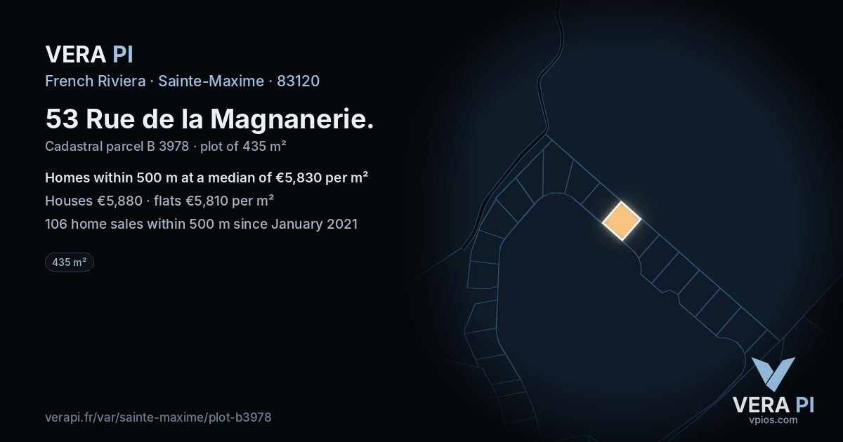 53 Rue de la Magnanerie, Sainte-Maxime at night – the plot lit, the parcels around coloured by the prices near them