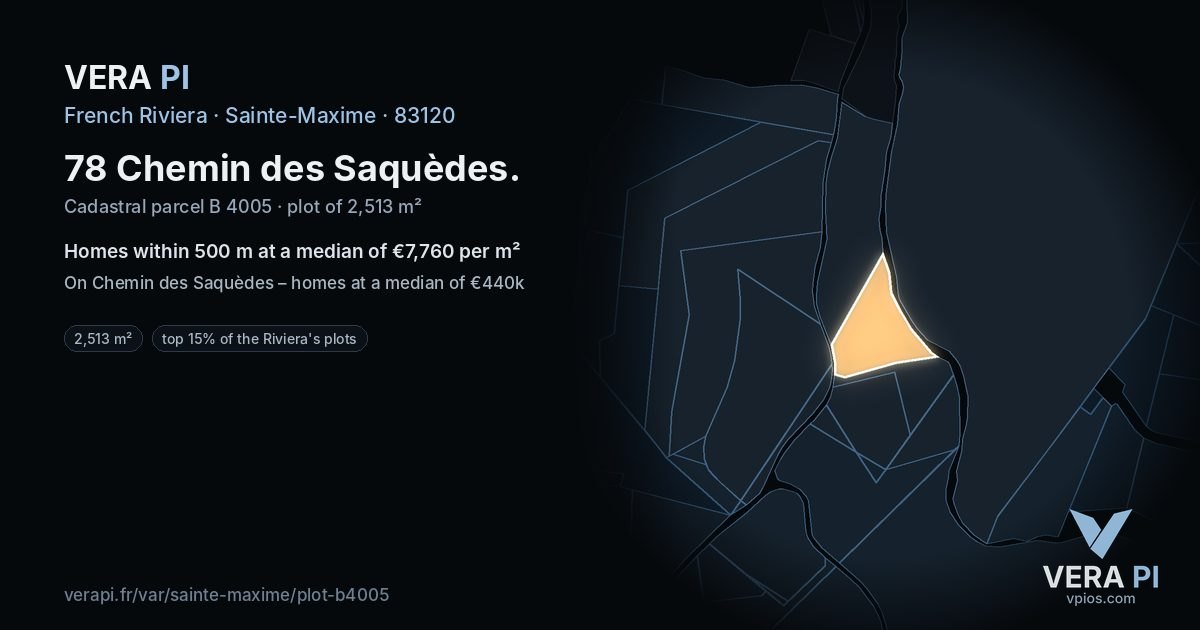 78 Chemin des Saquèdes, Sainte-Maxime at night – the plot lit, the parcels around coloured by the prices near them