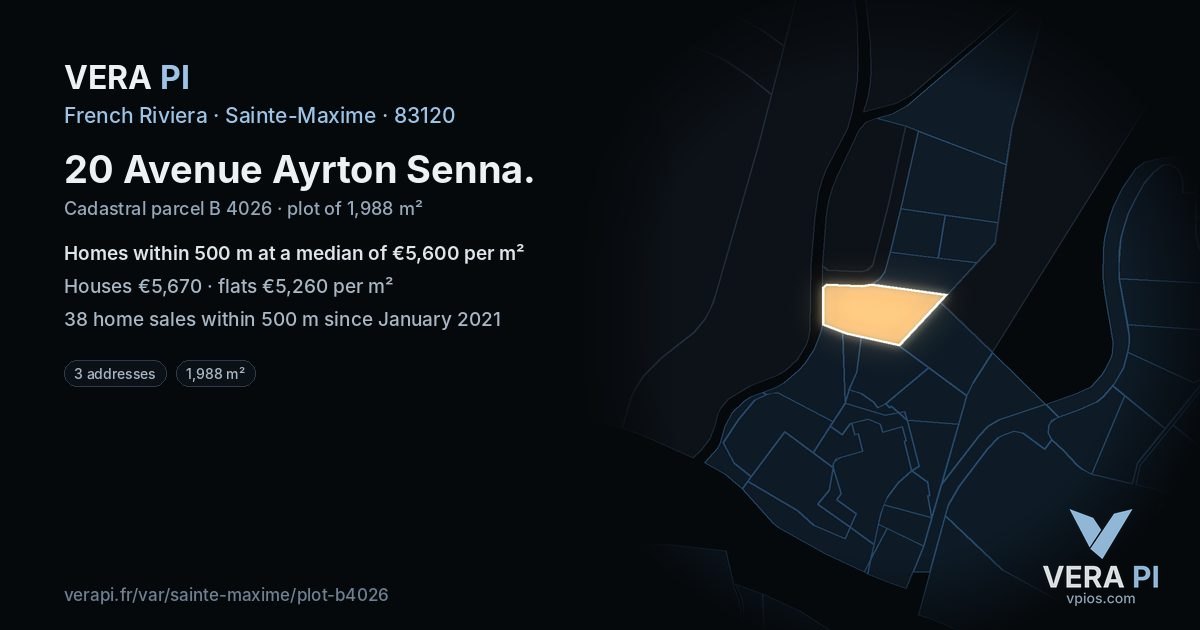 20 Avenue Ayrton Senna, Sainte-Maxime at night – the plot lit, the parcels around coloured by the prices near them