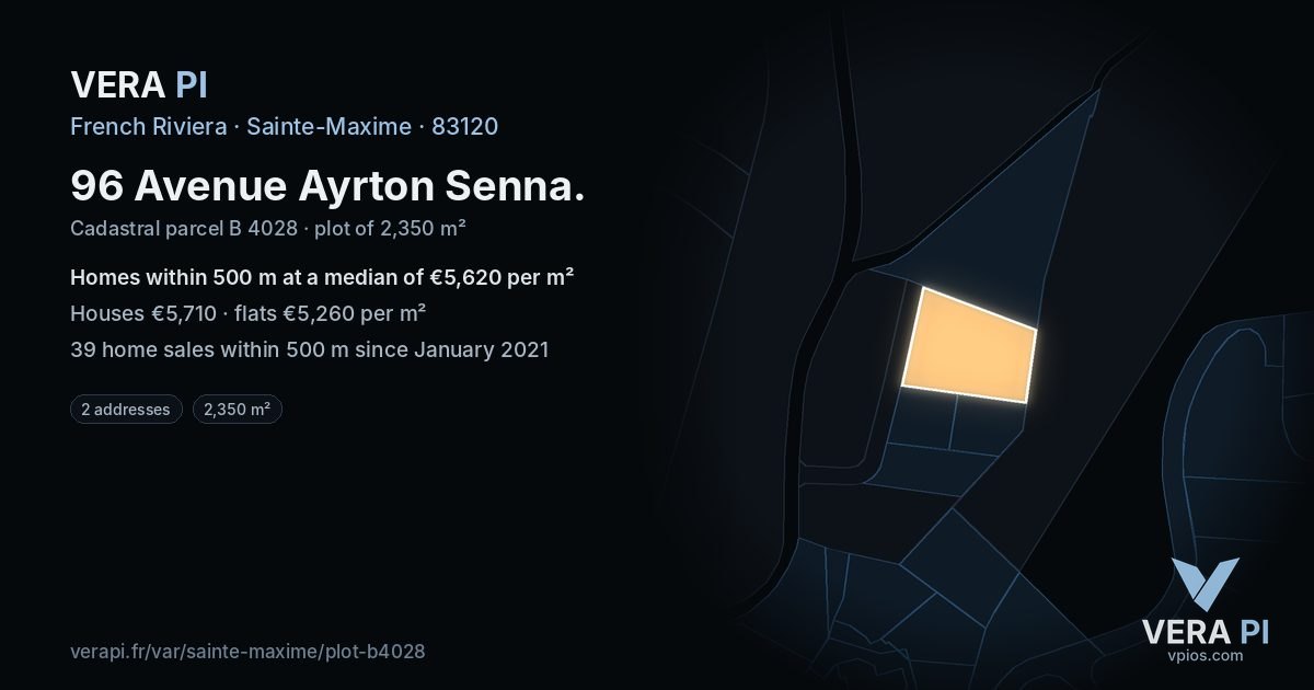 96 Avenue Ayrton Senna, Sainte-Maxime at night – the plot lit, the parcels around coloured by the prices near them