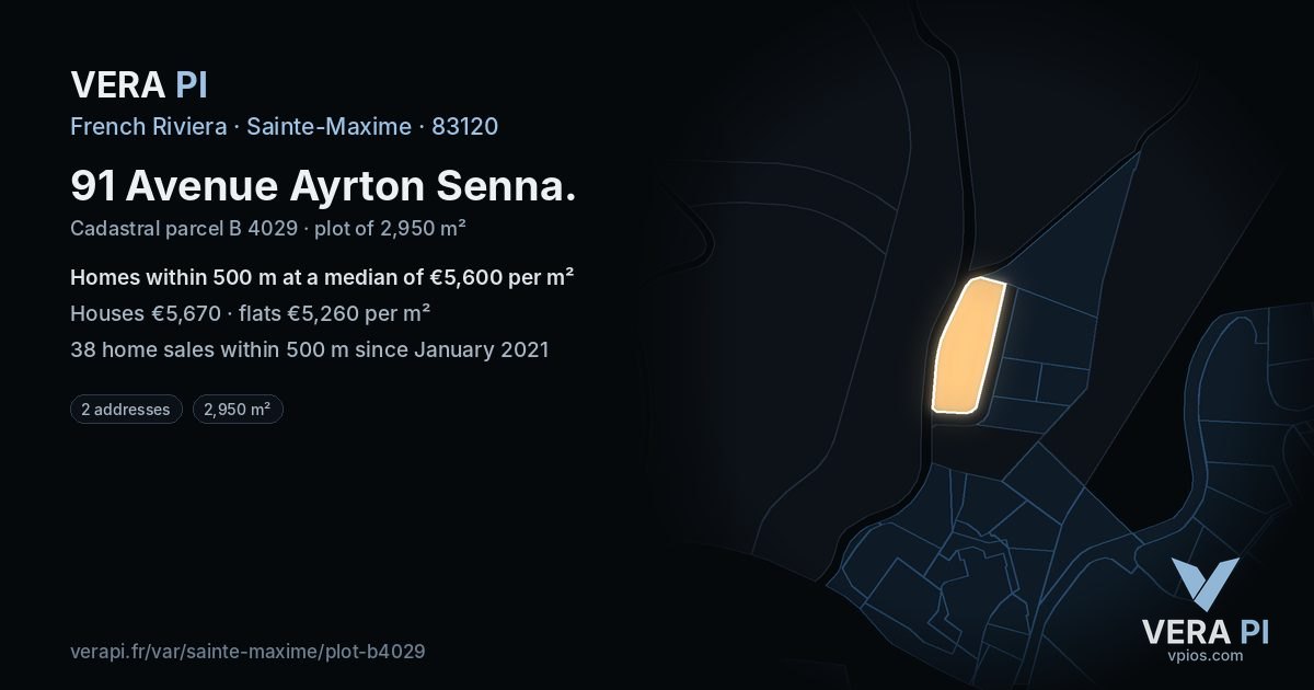 91 Avenue Ayrton Senna, Sainte-Maxime at night – the plot lit, the parcels around coloured by the prices near them