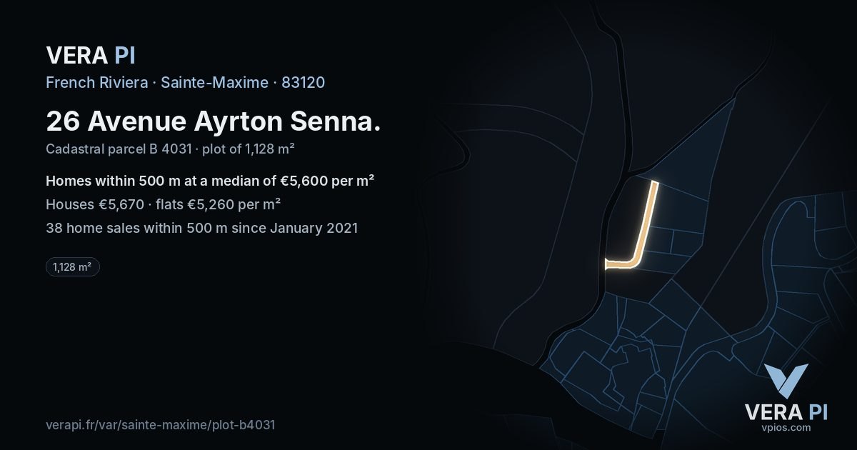 26 Avenue Ayrton Senna, Sainte-Maxime at night – the plot lit, the parcels around coloured by the prices near them