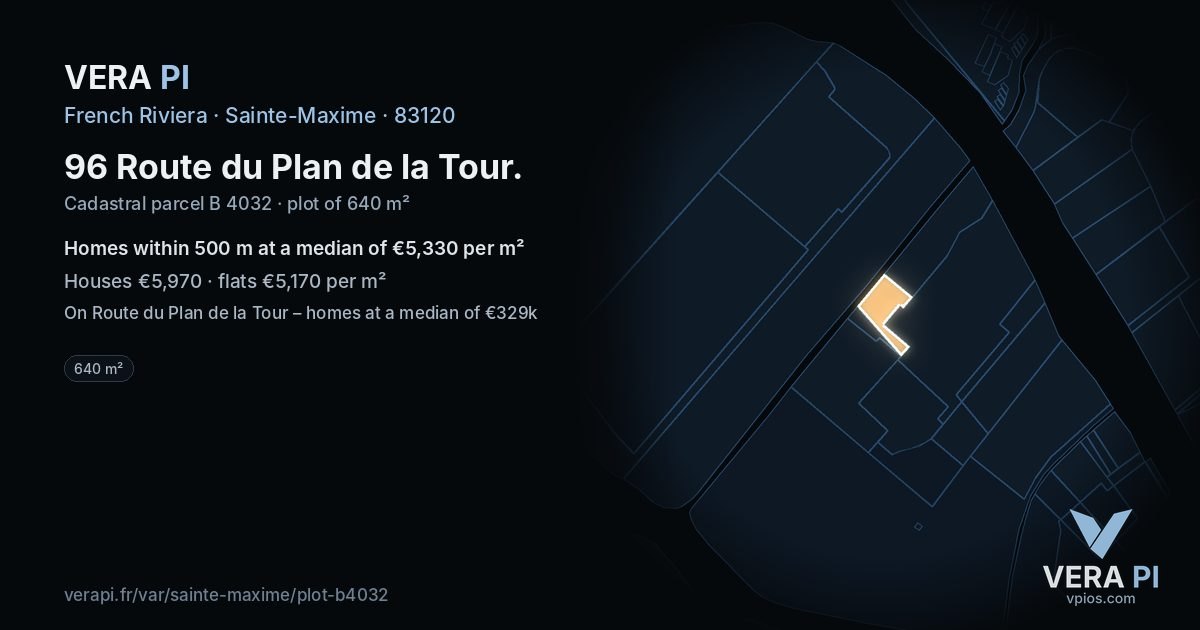 96 Route du Plan de la Tour, Sainte-Maxime at night – the plot lit, the parcels around coloured by the prices near them