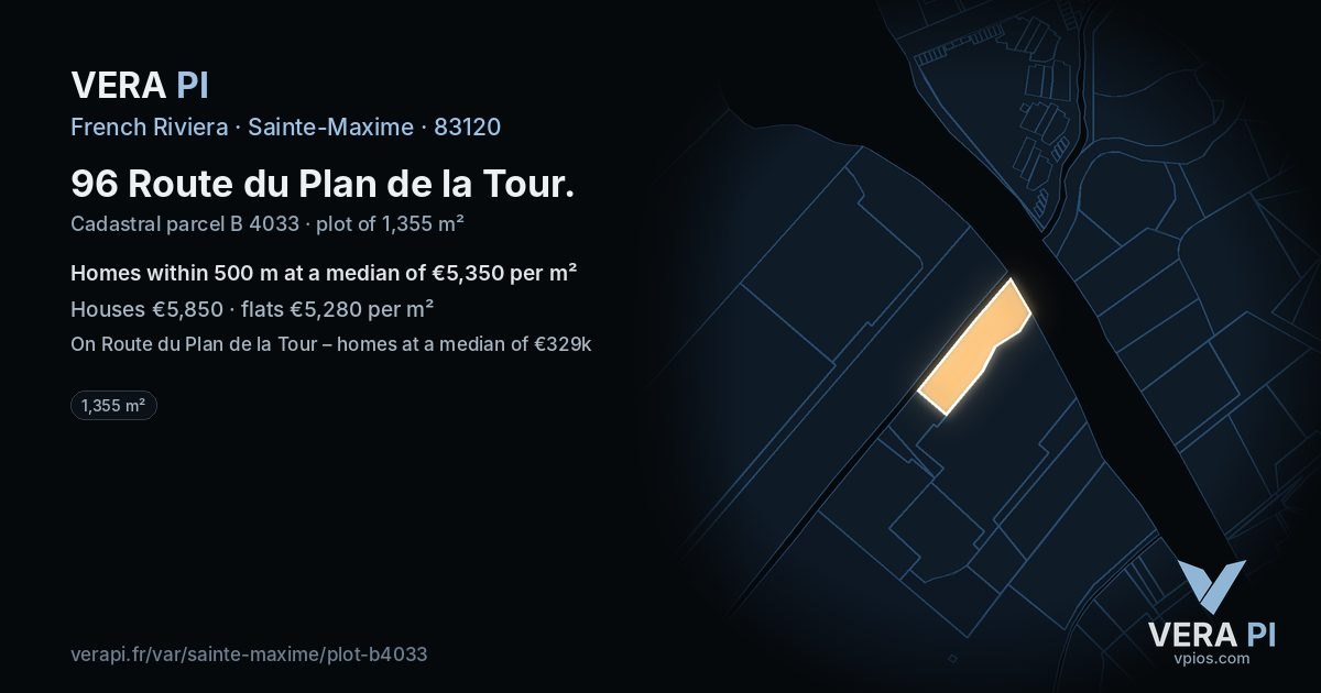 96 Route du Plan de la Tour, Sainte-Maxime at night – the plot lit, the parcels around coloured by the prices near them