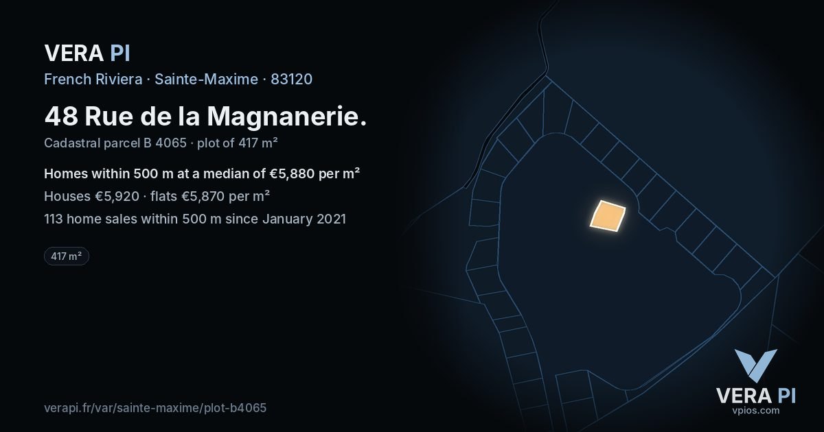 48 Rue de la Magnanerie, Sainte-Maxime at night – the plot lit, the parcels around coloured by the prices near them