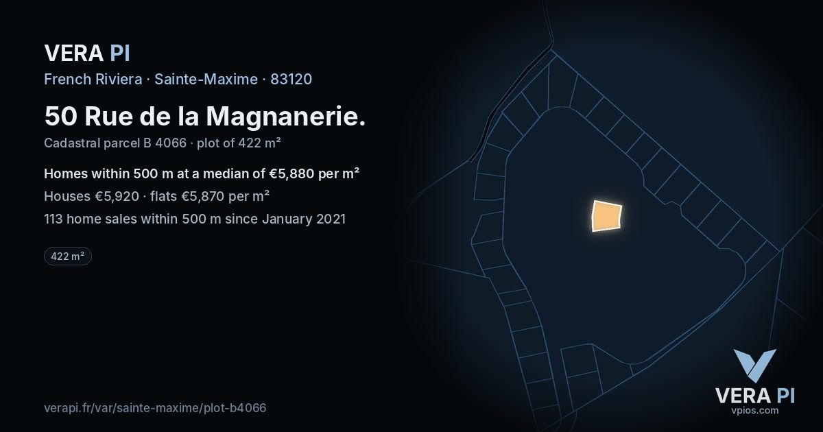 50 Rue de la Magnanerie, Sainte-Maxime at night – the plot lit, the parcels around coloured by the prices near them