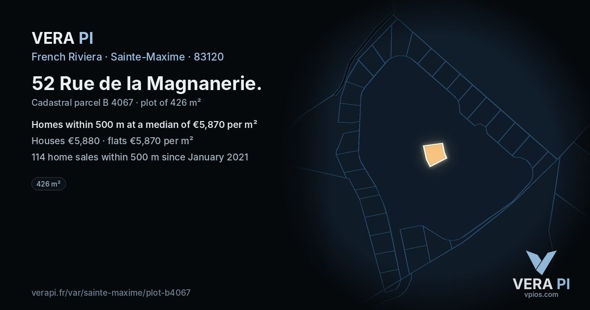 52 Rue de la Magnanerie, Sainte-Maxime at night – the plot lit, the parcels around coloured by the prices near them