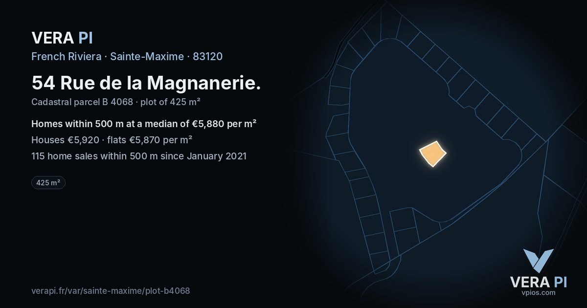 54 Rue de la Magnanerie, Sainte-Maxime at night – the plot lit, the parcels around coloured by the prices near them