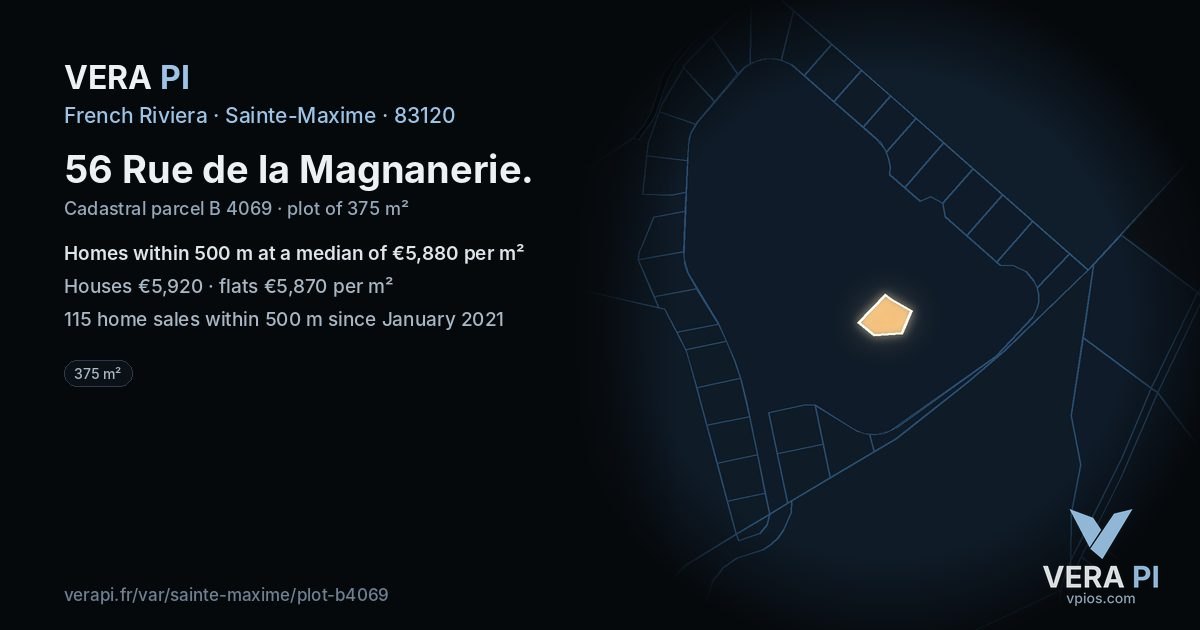 56 Rue de la Magnanerie, Sainte-Maxime at night – the plot lit, the parcels around coloured by the prices near them