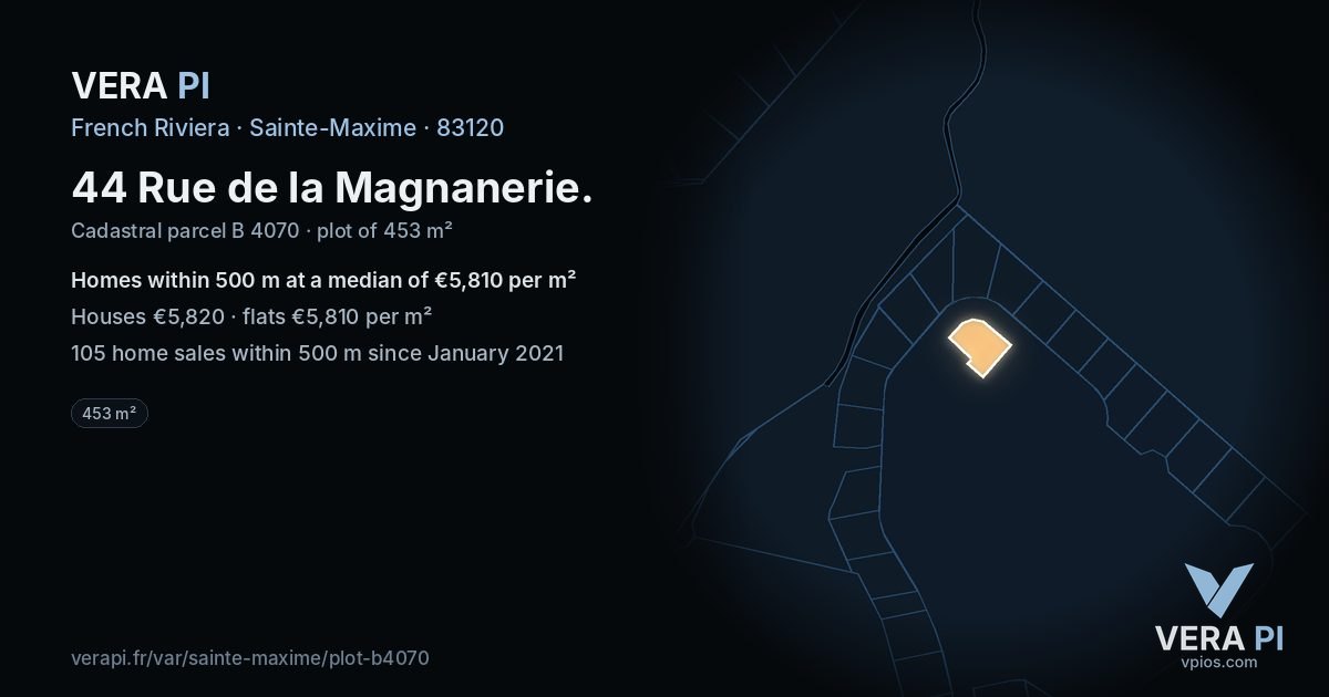 44 Rue de la Magnanerie, Sainte-Maxime at night – the plot lit, the parcels around coloured by the prices near them