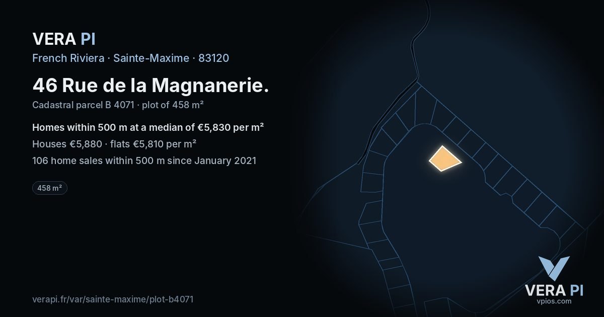 46 Rue de la Magnanerie, Sainte-Maxime at night – the plot lit, the parcels around coloured by the prices near them