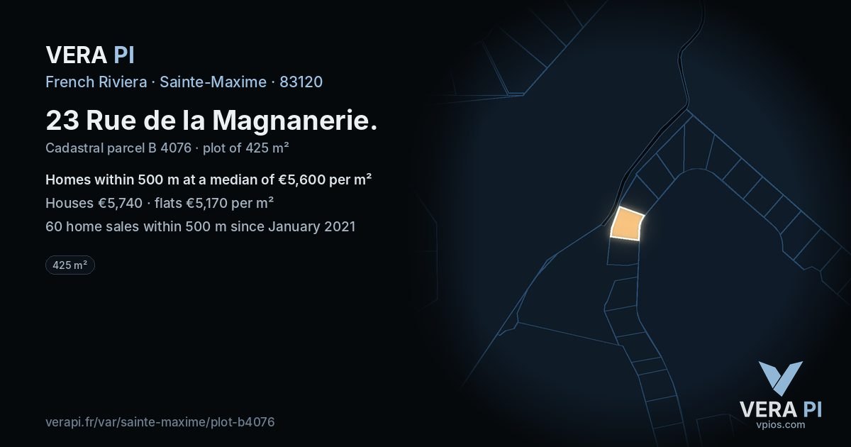 23 Rue de la Magnanerie, Sainte-Maxime at night – the plot lit, the parcels around coloured by the prices near them
