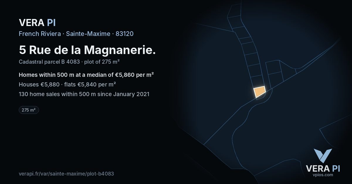 5 Rue de la Magnanerie, Sainte-Maxime at night – the plot lit, the parcels around coloured by the prices near them