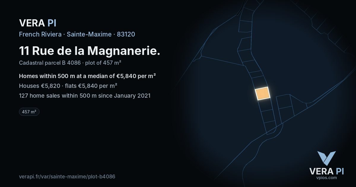 11 Rue de la Magnanerie, Sainte-Maxime at night – the plot lit, the parcels around coloured by the prices near them