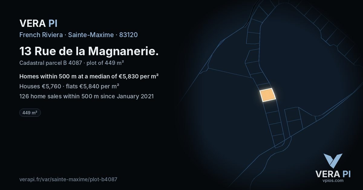 13 Rue de la Magnanerie, Sainte-Maxime at night – the plot lit, the parcels around coloured by the prices near them